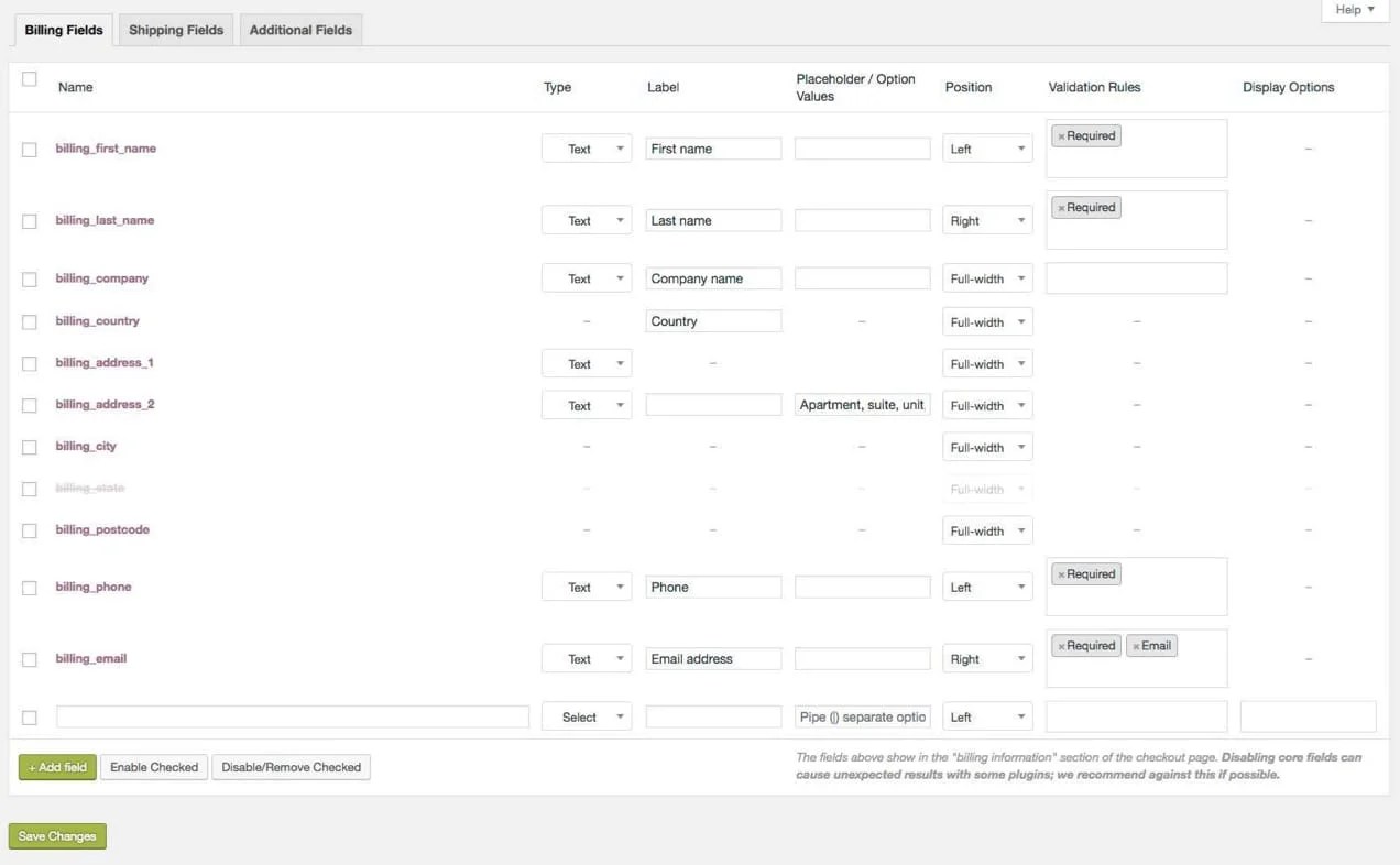 WooCommerce billing fields add/remove, enable/disable settings.