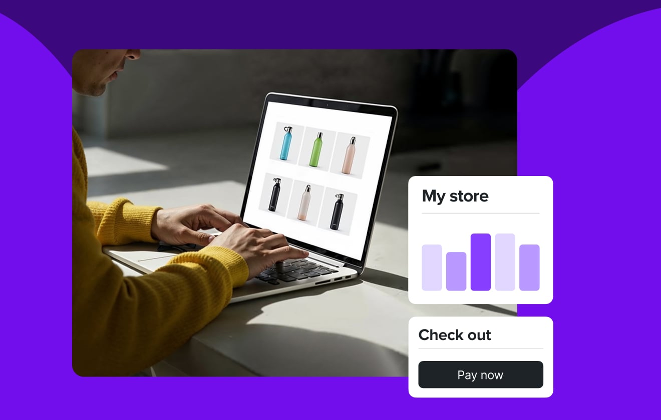 A person typing on a laptop displaying an online store with product images of water bottles, overlaid with UI cards showing store analytics and a checkout button against a purple graphic background.