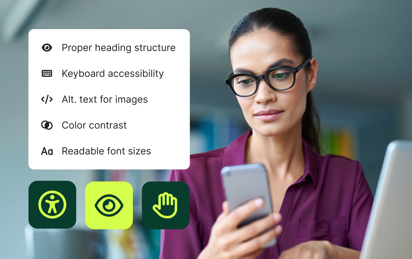 A woman looks at a phone, with overlays of icons representing accessibility