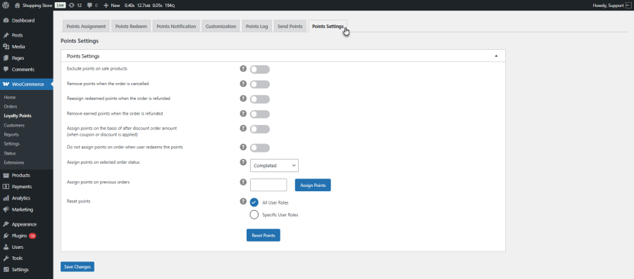 Advanced Points Settings 
