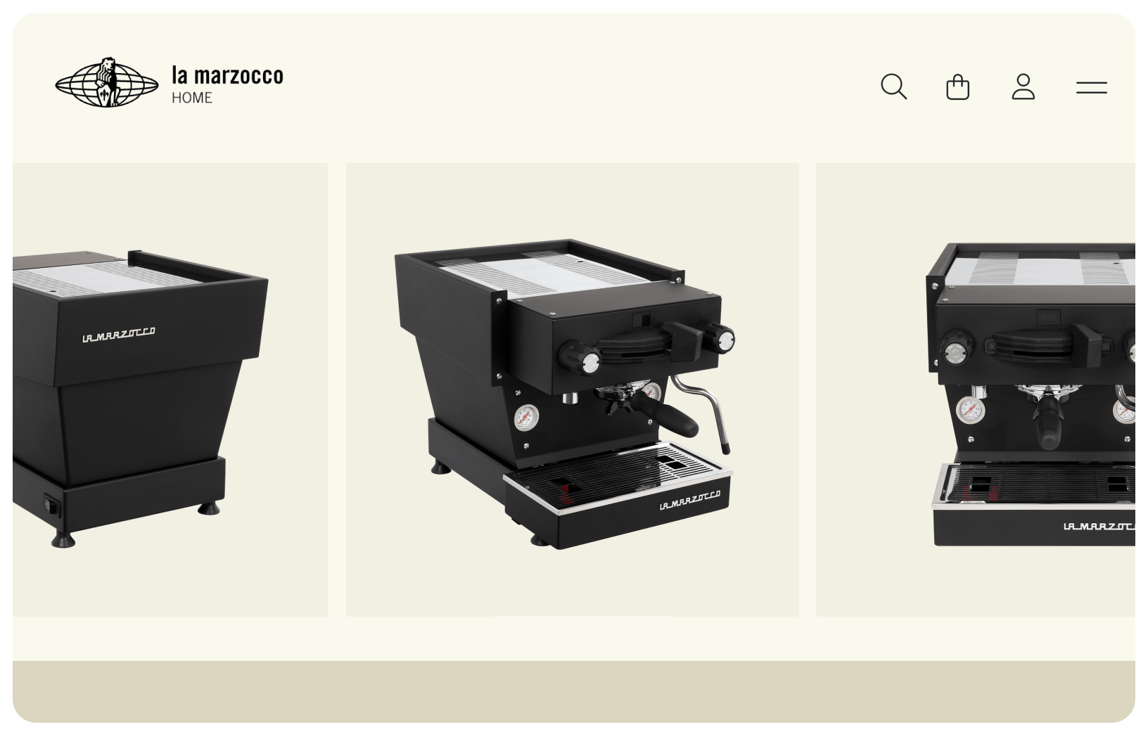 Three views of a black La Marzocco espresso machine are displayed on a beige background—left side, angled front, and front view—on an ecommerce webpage with a simple header and navigation icons. Powered by WooCommerce for seamless shopping.