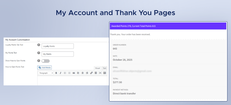 My Account and Thank You Pages