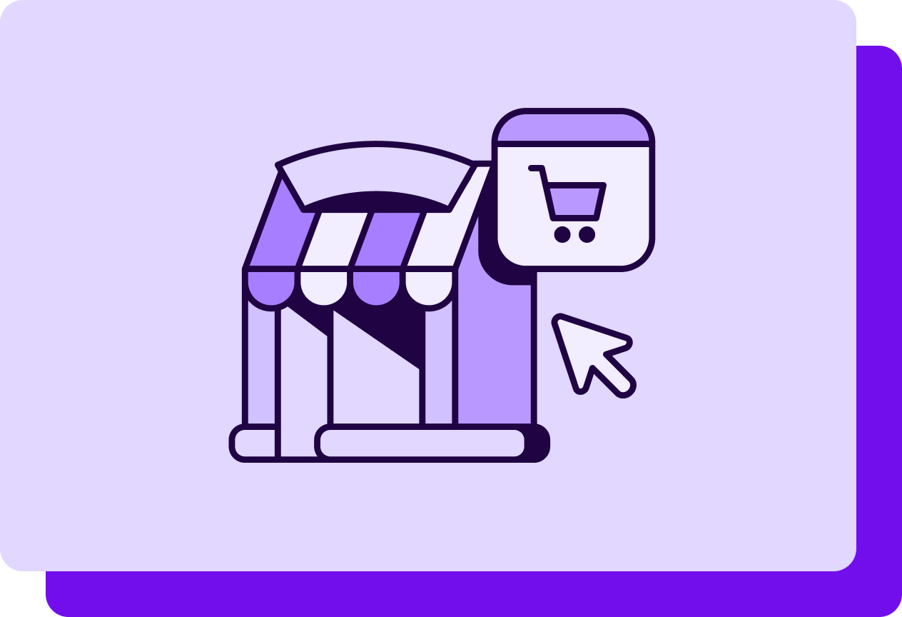 Icons of a physical storefront, shopping cart, and mouse cursor 