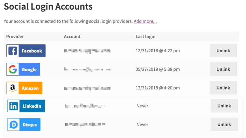 Social Login Accounts List